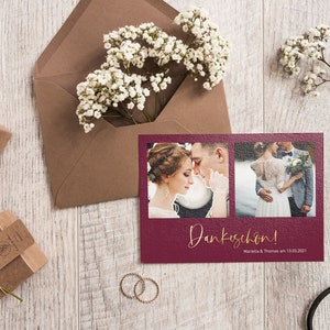 5x Danksagung Dankes Karten | Deluxe Burgund | Din A6 | zweiseitig bedruckt | Hochzeit personalisiert Namen & Datum Text | Veredelt Weinrot