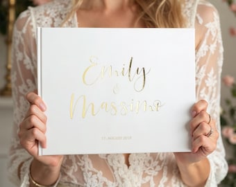 Livre d&#39;or de mariage | Deluxe BLANC PUR | PERSONNALISÉ | blanc | Finition or | avec et sans questions | A4 | Couverture rigide | classe chic propre