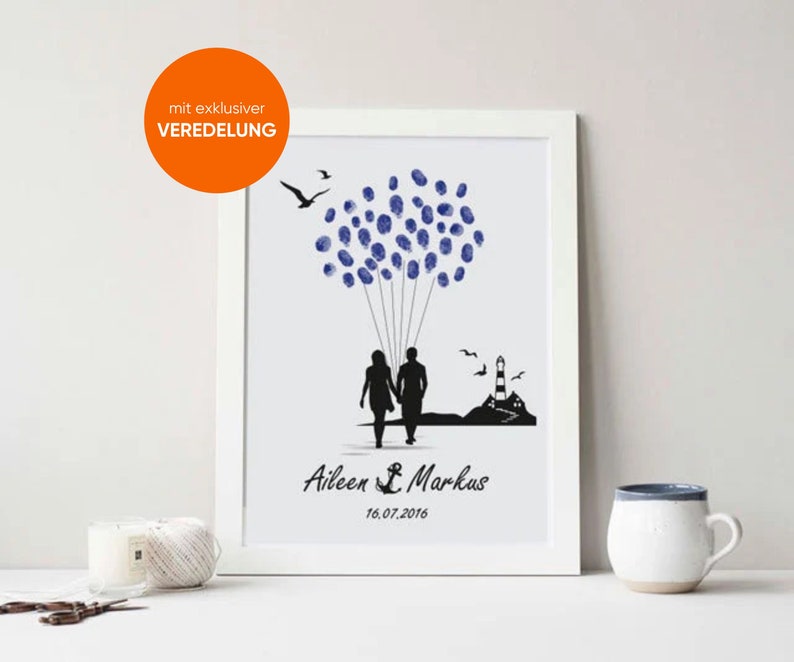 Guestbook Wedding Wedding Tree Canvas Premium Paper, Fingerprint Tree, Balloon Beach Lighthouse, Maritime Fingerprint image 1