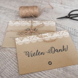 5x Danksagung Dankes Karten | Vintage Spitze | Din A6 | zweiseitig bedruckt | Hochzeit personalisiert Namen & Datum Text | Kraftpapier