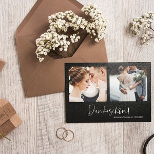5x bedankkaartjes | Luxe Zwart | Din A6 dubbelzijdig bedrukt | Bruiloft gepersonaliseerde namen & datumtekst | Verfijnd zwart