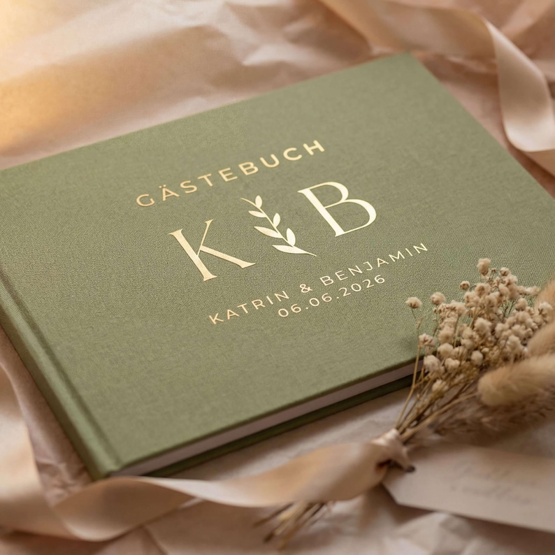 Personalized wedding guest book with your desired text | 100 pages | Premium linen | 5 colors | DIN A4 | Hardcover | For every occasion image 1