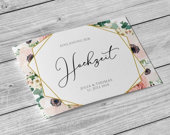 5 x Tarjeta de invitación - Tarjeta plegable Din A6 floral moderna impresa en 4 lados Boda Nombre y fecha personalizados