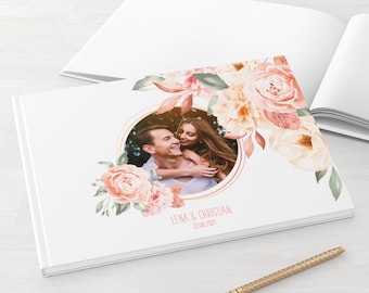 Gästebuch Hochzeit mit und ohne Fragen weiße Seiten blanko fotobuch romantisch foto paar Namen Datum Flower Love personalisiert