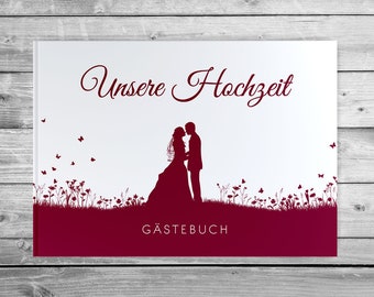 Gästebuch Hochzeit ohne Fragen fotobuch weiße seiten edel romantisch Leaf Couple weinrot rot dunkelrot Brautpaar