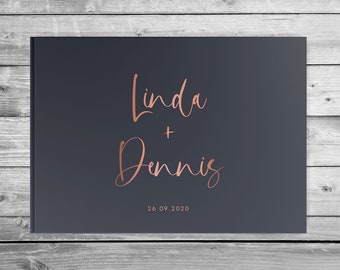 Boda del libro de visitas | PERSONALIZADO con nombre fecha de lujo gris titanio | muy noble | Acabado dorado | Tapa dura A4 Acabado Gris Antracita