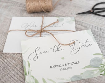 5x SAVE THE DATE Karten | Eucalyptus Green Love | Din A6 | zweiseitig bedruckt | Hochzeit personalisiert Namen & Datum Text | Greenery