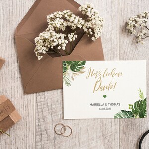 5x bedankkaartjes | Monsterablad | Din A6 | dubbelzijdig bedrukt | Bruiloft gepersonaliseerde namen & datumtekst | Groen goud
