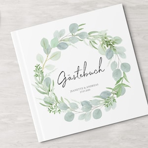 GÄSTEBUCH Hochzeit personalisiert mit Namen & Datum mit Fragen oder weiße Seiten Hardcover Eucalyptus Green Love Greenery Bild 1