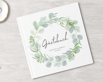 GÄSTEBUCH Hochzeit | Eucalyptus Green Love | personalisiert mit Namen & Datum | mit Fragen oder weiße Seiten | Hardcover | Fotoalbum