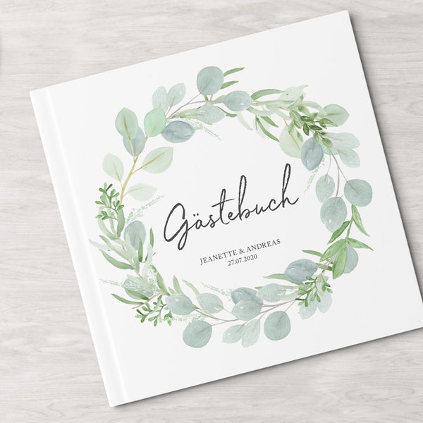 GÄSTEBUCH Hochzeit | Eucalyptus Green Love | personalisiert mit Namen & Datum | mit Fragen oder weiße Seiten | Hardcover | Fotoalbum