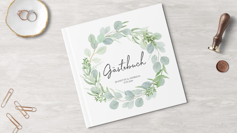 GÄSTEBUCH Hochzeit personalisiert mit Namen & Datum mit Fragen oder weiße Seiten Hardcover Eucalyptus Green Love Greenery Bild 1