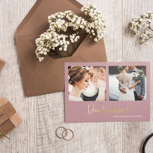 5x bedankkaartjes | Deluxe Oud Rose | Din A6 | dubbelzijdig bedrukt | Bruiloft gepersonaliseerde namen & datumtekst | Verfijnd