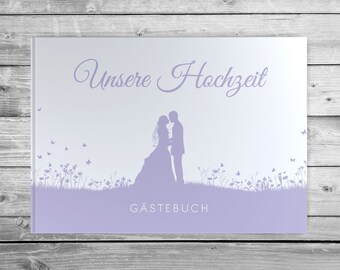 Gästebuch Hochzeit mit und ohne Fragen weiße Seiten blanko fotobuch edel romantisch Leaf Couple pastel flieder lila Brautpaar