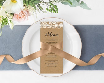 5 x menù - pizzo vintage DIN lungo stampato su due lati personalizzato per matrimonio