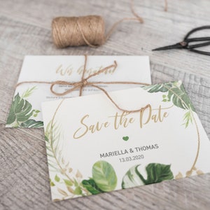 5x SAVE THE DATE-kaarten | Monsterablad | Din A6 | dubbelzijdig bedrukt | Bruiloft gepersonaliseerde namen & datumtekst | Groen