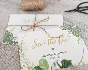 5x SAVE THE DATE Karten | Monstera Leaf | Din A6 | zweiseitig bedruckt | Hochzeit personalisiert Namen & Datum Text | Greenery