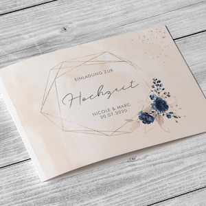 5 x uitnodigingskaart - aquarel Breeze roze aquarel Din A6 vouwkaart bedrukt aan 4 zijden gepersonaliseerde bruiloftsnamen en datum