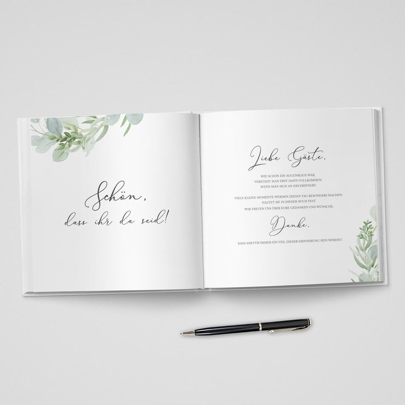 GÄSTEBUCH Hochzeit personalisiert mit Namen & Datum mit Fragen oder weiße Seiten Hardcover Eucalyptus Green Love Greenery Bild 4