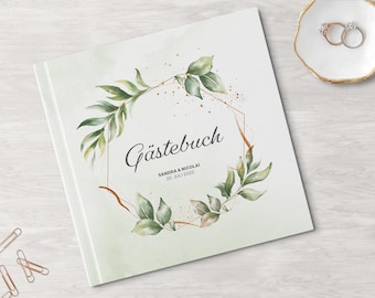 GÄSTEBUCH Hochzeit | personalisiert mit Namen & Datum | Einleitung + Fragen oder blanko | Eukalyptus Watercolor quadratisch