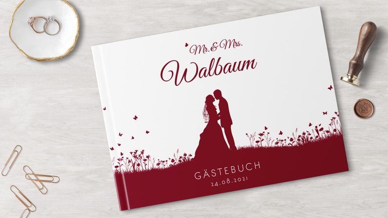 Gästebuch Hochzeit mit und ohne Fragen weiße Seiten blanko fotobuch edel romantisch weinrot leaf couple mr mrs personalisiert Bild 2