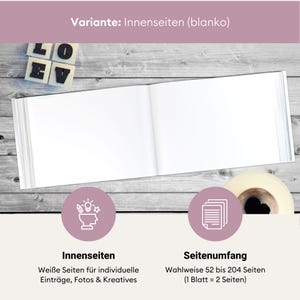 May include: A white blank photo album with a wooden background. The album has a choice of 52 to 204 pages. The text on the image reads "Variante: Innenseiten (blanko)", "Innenseiten", "Wei&szlig;e Seiten f&uuml;r individuelle Eintr&auml;ge, Fotos & Kreatives", "Seitenumfang", "Wahlweise 52 bis 204 Seiten", and "(1 Blatt = 2 Seiten)".