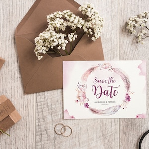 5x SAVE THE DATE-kaarten | Boho-liefde | Din A6 | dubbelzijdig bedrukt | Bruiloft gepersonaliseerde namen & datumtekst | Paars roze vintage