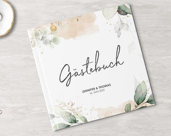 GÄSTEBUCH Hochzeit | personalisiert mit Namen & Datum | Einleitung + Fragen oder blanko | Greenery Glitter quadratisch 21x21cm