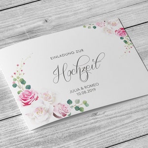 5 x uitnodigingskaart - Wild Rose Din A6 vouwkaart bedrukt aan 4 zijden bruiloft gepersonaliseerde namen en datumteksten rozen