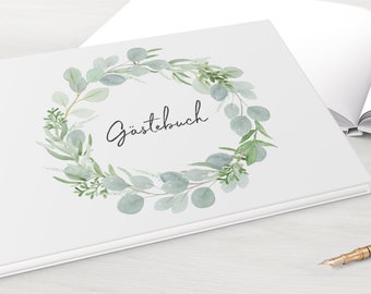 Gästebuch Hochzeit mit und ohne Fragen weiße Seiten blanko fotobuch Greenery Eucalyptus Green Love Wasserfarbe Aquarell Grün Blumen