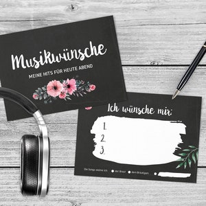 50 x Musikwunsch-Karten - Chalkboard Flower Din A6 zweiseitig bedruckt Hochzeit