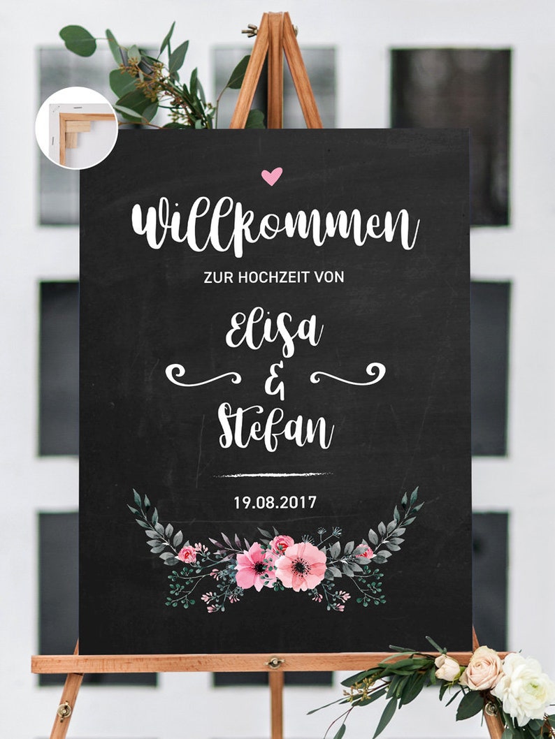 Hochzeit Willkommens-Schild Chalkboard Flowers personalisiert Personalisierung Bild 1