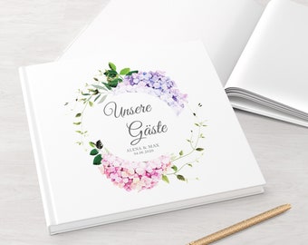 LIVRE D'OR Mariage | personnalisé avec nom et date | avec des questions ou des pages blanches | Relié | carré | hortensia