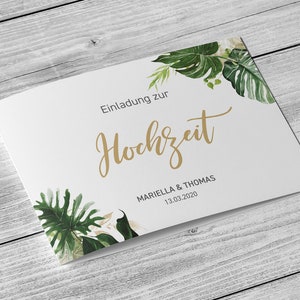5 x uitnodigingskaart - Monstera Leaf Din A6 vouwkaart aan 4 zijden bedrukt met gepersonaliseerde namen en datumteksten voor de bruiloft