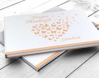 Gästebuch Hochzeit | Butterfly Heart | Fotobuch | edel romantisch Vintage Boho Apricot Orange Lachs Herz Schmetterling | Hardcover A4