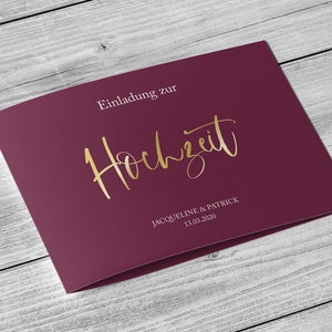 Einladung Karte - Deluxe Burgund Weinrot Veredelung Gold Silber Kupfer Rosegold Din A6 Klappkarte 4Seitig bedruckt Hochzeit personalisiert