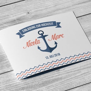 5 biglietti d'invito – Biglietto pieghevole Maritim Anchor Din A6 stampato su 4 lati con nome e data personalizzati per il matrimonio