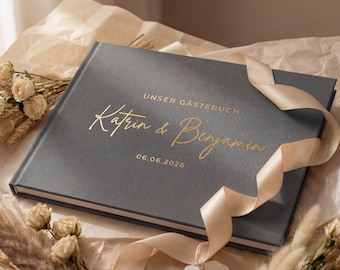 Libro degli ospiti personalizzato in lino | Matrimonio | Elegante libro di nozze con i nomi | Oro, oro rosa, argento | Copertina rigida DIN A4 | 100 pagine