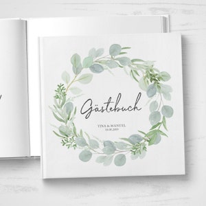 GÄSTEBUCH Hochzeit personalisiert mit Namen & Datum mit Fragen oder weiße Seiten Hardcover Eucalyptus Green Love Greenery Bild 3