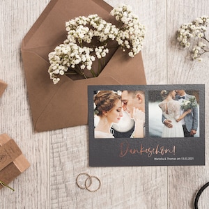 5x Danksagung Dankes Karten | Deluxe Titangrau Din A6 zweiseitig bedruckt | Hochzeit personalisiert Namen & Datum Text | Veredelt Anthrazit
