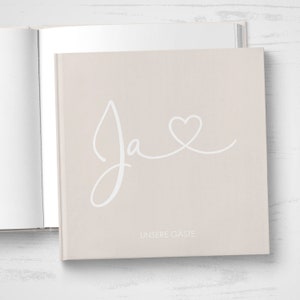 GÄSTEBUCH Hochzeit personalisiert mit Namen & Datum mit Fragen oder weiße Seiten Hardcover quadratisch JA beige ohne Namen & Datum