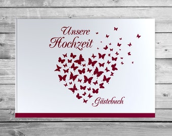 Gästebuch Hochzeit mit und ohne Fragen weiße Seiten blanko fotobuch edel romantisch Vintage Butterfly Heart weinrot