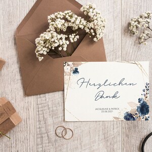 5x bedankkaartjes | Aquarel Breeze Blauw | Din A6 | dubbelzijdig bedrukt | Bruiloft gepersonaliseerde namen & datumtekst | Goud