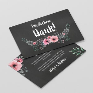 5x bedankkaartjes | Krijtbordbloem | Din A6 | dubbelzijdig bedrukt | Bruiloft gepersonaliseerde namen & datumtekst | leisteen