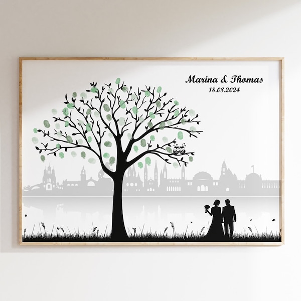 Wedding Tree Hochzeit Skyline Wiesbaden - Leinwand, Poster-Papier, Hochzeitsgeschenk, Feier, Fingerabdruck - personalisiert, Veredelung