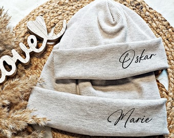 Hipster beanie beige ribbed jersey personalized with name, hipster hat for boys and girls, hipster hat beige with name