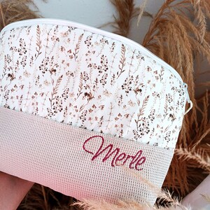 Kosmetiktasche Naturgräser beige mit Waffelpique beige und Name personalisiert, Windeltasche