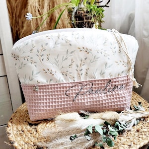 Kulturtasche Weidenkätzchen mit altrosa Waffelpique für Baby und Kind mit Name, Windeltasche