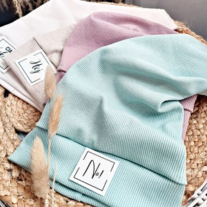 Hipster children's headscarf mint green ribbed jersey personalized, summer hat mint green ribbed jersey girls, headscarf with label image 2