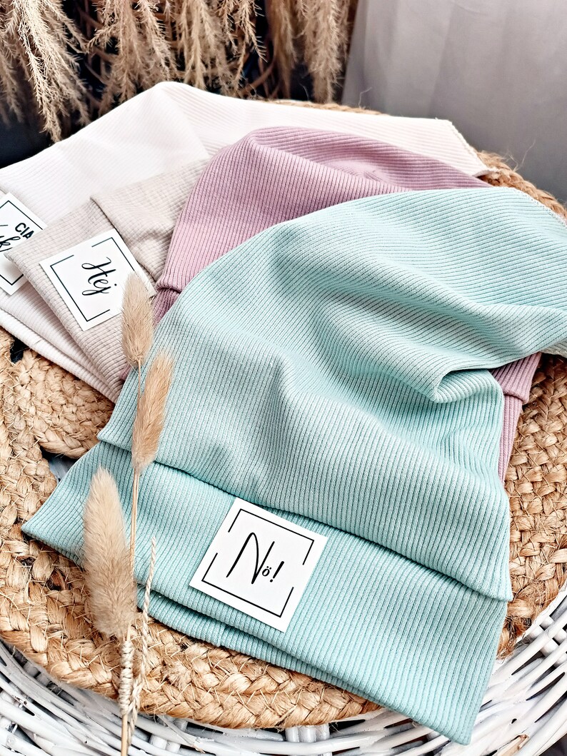 Hipster children's headscarf mint green ribbed jersey personalized, summer hat mint green ribbed jersey girls, headscarf with label image 2